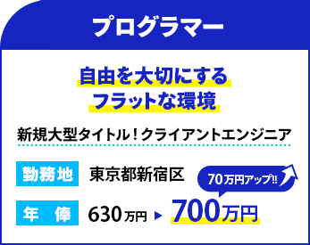 職種：プログラマー
                    雰囲気：自由を大切にするフラットな環境
                    概要：新規大型タイトル！クライアントエンジニア
                    勤務地：東京都新宿区
                    年俸： 700万円