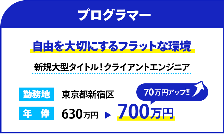 職種：プログラマー
                    雰囲気：自由を大切にするフラットな環境
                    概要：新規大型タイトル！クライアントエンジニア
                    勤務地：東京都新宿区
                    年俸： 700万円