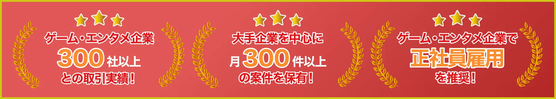 ゲーム・エンタメ企業300社以上との取引実績！大手企業を中心に月300件以上の案件を保有！ゲーム・エンタメ業界で正社員雇用を推奨！
